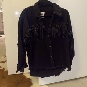 Fringe studded bedazzled Zara denim jean jacket